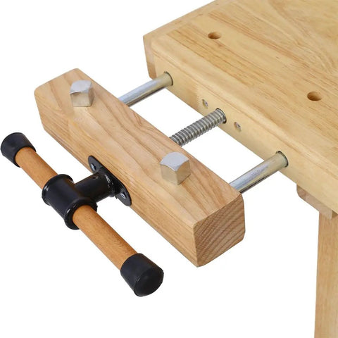 Close-up of adjustable handle on 60 Inch Solid Rubber Wood Workbench With Drawer, Storage Shelf And Adjustable Handles, 330 lbs capacity.