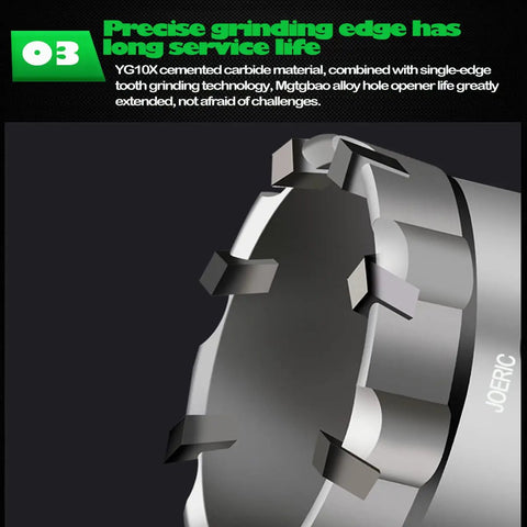 Close-up of carbide hole saw cutting edge from 10 Piece Carbide Hole Saw Kit With Titanium Plated Pilot Bits For Metal Stainless Steel Iron Wood And Plastic Heavy Duty Cutter Set From 16mm To 32mm Includes Extra Bits.