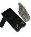 Realistic Military Aircraft Carrier RC Boat With 2.4G Remote Control next to black 2.4G remote, silver detailed design