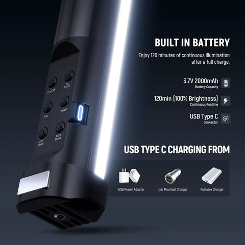 Close-up of Basics 12 Inch Magnetic RGB Light Wand with dimmable 8W LED, USB Type C, built-in battery, and control buttons.