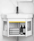 Bathroom Corner Basin Sinks, Wall Mount Vessel Sink, White Vessel Sink, Combo For Small Space Wall Mounted Cabinet Set Design White Resin Basin Sink Top Chrome Faucet And Drain (48x48x40cm) with towels and bottles.