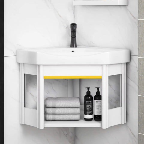 Bathroom Corner Basin Sinks, Wall Mount Vessel Sink, White Vessel Sink, Combo For Small Space Wall Mounted Cabinet Set Design White Resin Basin Sink Top Chrome Faucet And Drain (48x48x40cm) with towels and bottles.