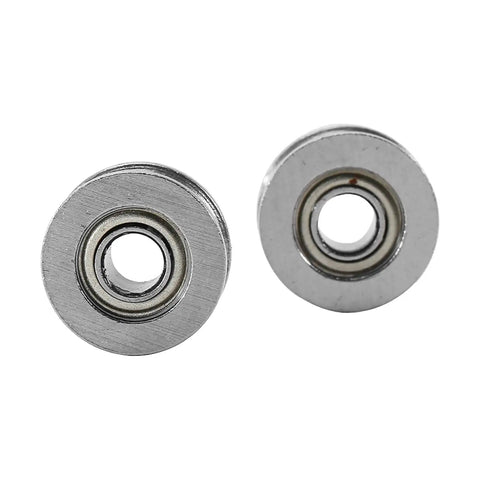 Close-up of V Bearing Grooved Mini Pulley Wheels Rollerball Pulley for Rail Track Linear Motion System 4x13x6mm, carbon steel, front view.