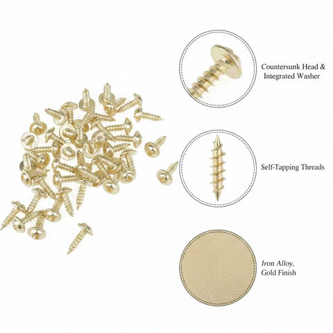 Gold Self-Tapping Picture Frame Screws With Integrated Washers For DIY Crafts, iron alloy, gold finish, countersunk head, pack of 100