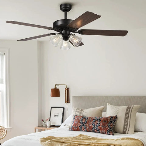 52 Inch Indoor Ceiling Fan With Light And Remote Control Reversible Walnut And Maple Blades Dope Copper Motor 110V ETL Listed