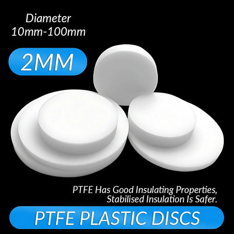Assorted White PTFE Round Flat Discs, 2mm Thick, Various Diameters Up to 100mm, Used for Sealing, Insulation, Lubrication