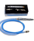 Professional Grade Air Powered Micro Die Grinder Small Size Pencil Shaft Pneumatic Rotary Cutter Tool with blue hose and box.