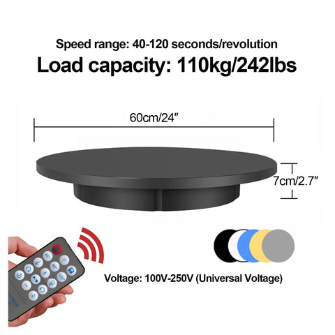 Heavy Duty Motorized Rotating Turntable With Remote Control 360 Degree Electric Product Display Stand For Jewelry Photography Video Marketing Show And Retail Store Black 24 Inch Wide Base with specifications.
