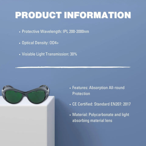 Pro Grade LED Red And Blue Light Therapy Glasses Featuring Heavy Duty Side Shields And Broad 200nm To 2000nm Coverage For IPL Treatments and UV400 Salon Protection on display with product information