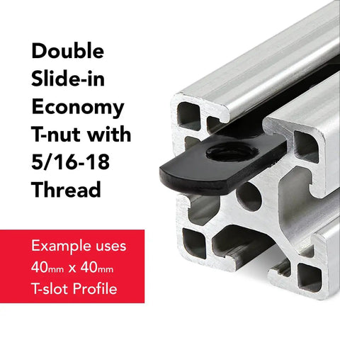 Close-up of Rock Solid Heavy Duty Double Threaded T Nuts For Aluminum Extrusion 5/16 18 Black Zinc Steel T Slot Hardware for installations.