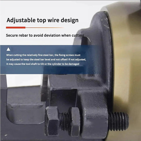 Close-up of adjustable top wire mechanism on Heavy Duty Electric Hydraulic Rebar Cutter for 4 to 25mm Steel Rods.