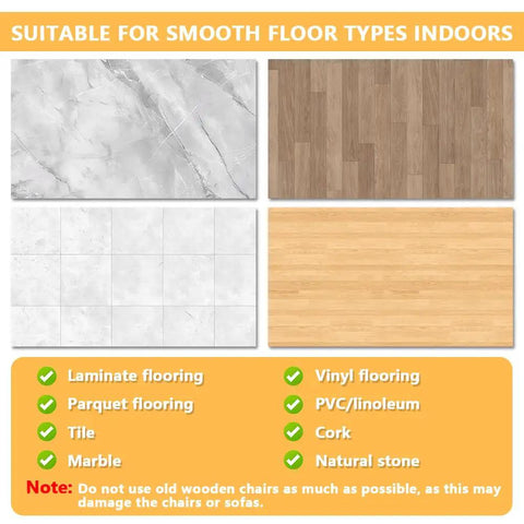 Image displaying smooth floor types suitable for Heavy Duty Screw In Felt Pads 60 Pack 28Mm Chair Glides such as tile, wood, and marble.