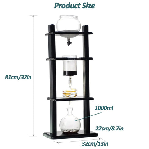 Next Level Slow Drip Vertical Cold Brew Coffee Tower With Premium Glass And Sturdy Wood Base, Brews One Liter Of Silky Ice Coffee measurements