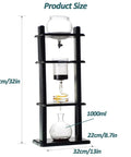 Hella Smooth Top Shelf Cold Drip Coffee Machine And Handmade Glass Cold Brew Tower With Adjustable Dripper and Premium Wood Stand, product size measurements.