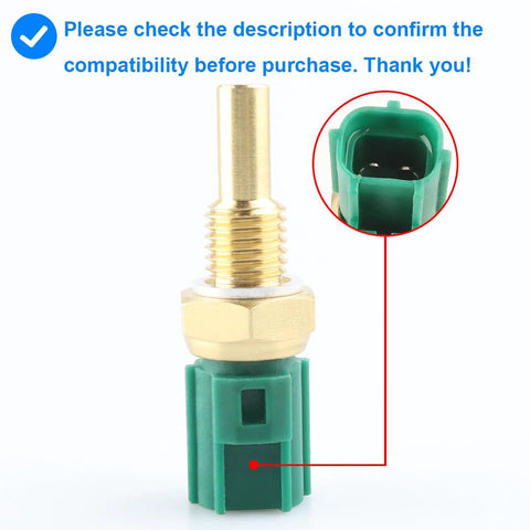 Coolant temperature sensor (ECT) with brass threaded probe and green plastic connector.