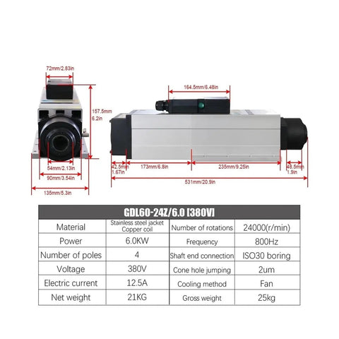 Rock Solid Top Tier Heavy Duty Reliable Spindle Motor Running No Sweat For Cnc Routers While Delivering Full Throttle 6000W Power With Air Cooling And Smooth 24000Rpm Torque dimensions and specifications chart.