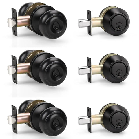 3 Pack Keyed Alike Entry Door Knobs And Single Cylinder Deadbolt Lock Set For Exterior Front Doors Matte Black Finish
