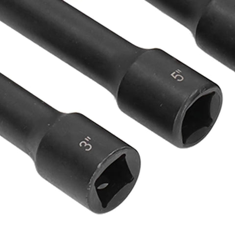 Ultimate 18-Pc Metric Hex Impact Socket Kit With Cr-V Steel Sockets From 10mm To 24Mm Plus Extensions And Storage Box For Your Garage Repair Jobs And Auto Hobbies. close-up of 3" and 5" sockets