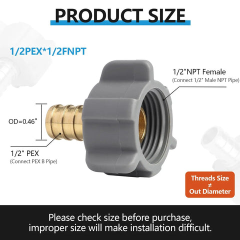 4 Piece PEX Fittings Kit With Half Inch Swivel Adapters For Drinking Water, Lead Free DZR Brass, Copper Crimp Rings And Stainless Clamps For RV, Under Sink And Home Plumbing Repairs 1/2 PEX x 1/2 FNPT fitting shown