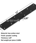 Six Pack Heavy Duty Black Carbon Steel Flat Mending Brackets With Twelve Countersunk Screw Holes, 11x2 inches.