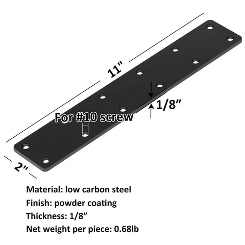 Six Pack Heavy Duty Black Carbon Steel Flat Mending Brackets With Twelve Countersunk Screw Holes, 11x2 inches.