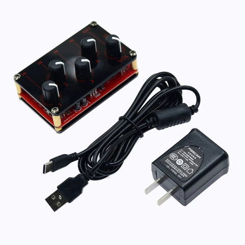 Four Channel One Eighth Inch Stereo Passive Mixer With Four In One Out, Independent Volume Knobs, charger and cable