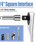 Mini 72-Tooth One Quarter Inch Ratchet Wrench With Dual Head Hex Bit Holder And Square Drive, Quick Release Ratcheting Socket Adapter shown with attachments
