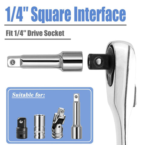 Mini 72-Tooth One Quarter Inch Ratchet Wrench With Dual Head Hex Bit Holder And Square Drive, Quick Release Ratcheting Socket Adapter shown with attachments