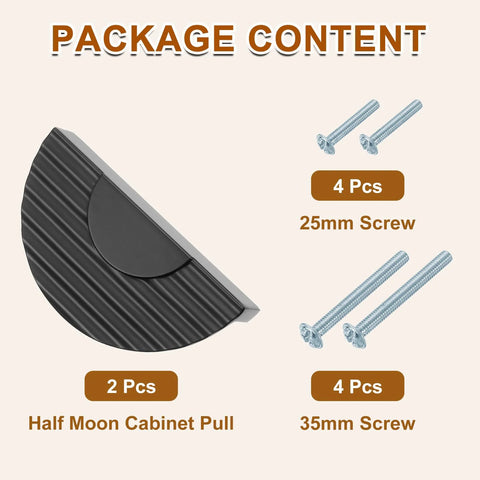 Package contents of Half Moon Cabinet Pulls Set Of 2 In Black Zinc Alloy Semicircle Drawer Handles With 2.52 Inch Center Hole and screws