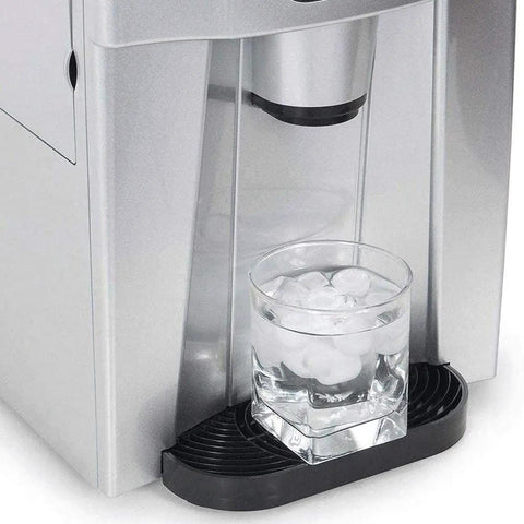Top Tier 9.5 KG Automatic Stainless Steel Ice Cube Maker Machine Countertop with glass of ice cubes ready for drinks.