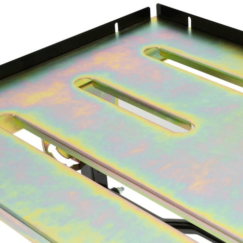 Close-up of the fourteen gauge plated top of the Heavy Duty Foldable Welding Table With Rock Solid Hold Industrial Workbench.