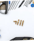 Set Of 25 Solid Brass Concealed Barrel Hinges For Jewelry Boxes With Tools Nearby