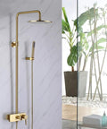 Top Shelf 10 Inch Wall Mounted Rain Shower System With Brushed Gold Drip Solid Brass Multifunction Faucet Set Including Handheld Sprayer And Tub Spout For Smooth Bathroom Flex installed in modern bathroom with plants.