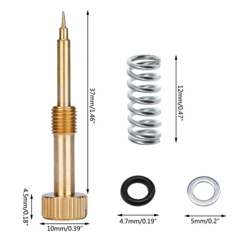 Brass Carb Rebuild Kit With Idle Mixture Screw Set For CV40 CVK34 Easy Hand Adjust, showing components with measurements