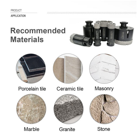 Six-Piece Diamond Core Drill Bit Set For Porcelain Tile Granite Marble And Stone Brick Vacuum Brazed Hole Saws shown with material examples