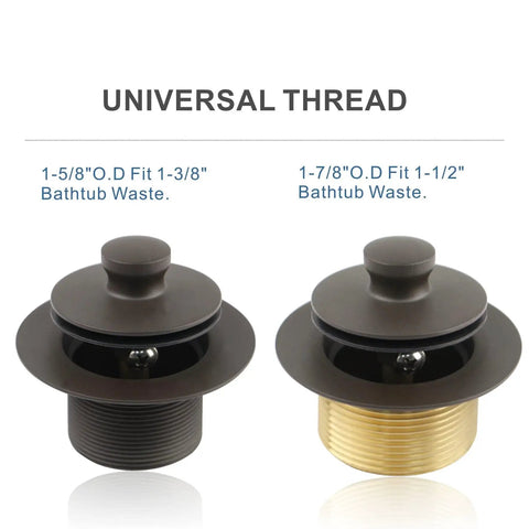 Oil Rubbed Bronze Tub Drain Trim Kit with Lift and Turn Overflow Faceplate, two sizes shown for 1-3/8 or 1-1/2 inch drain
