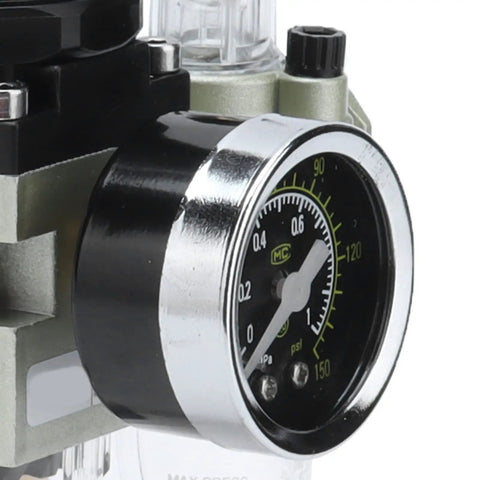 Close-up of gauge on Heavy Duty Aluminum Alloy Filter Pressure Regulator Kit for Pneumatic Systems and Air Filtration