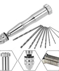 Manual Hand Drill Kit With Ten Bits 0.3 To 3.5mm Chuck, metal construction with 10 drill bits, close-ups of drill chuck and bits.