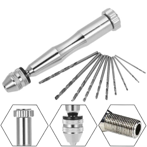 Manual Hand Drill Kit With Ten Bits 0.3 To 3.5mm Chuck, metal construction with 10 drill bits, close-ups of drill chuck and bits.
