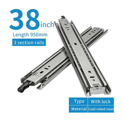 Heavy Duty Drawer Runners With Lock, Full Extension Ball Bearing Slides, 68Kg Capacity, Campervan Ready Drawer System, 38 Inch Length