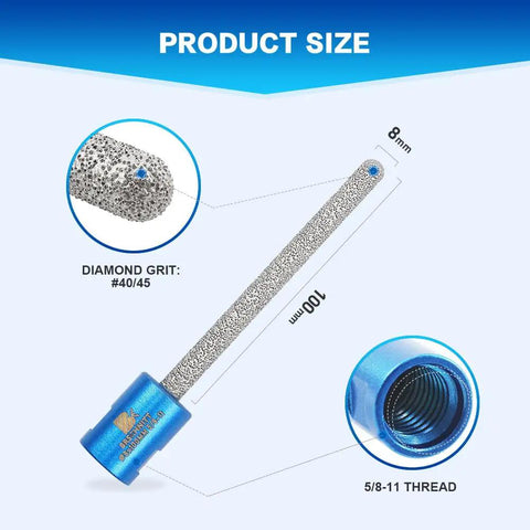 Go To Mortar Raking Bit For Tuck Pointing And Brick Removal, Pro Grade Vacuum Brazed Bit For Granite Marble Concrete Masonry Stone, Five Eighths By Eleven Thread, Five Sixteenths Inch By Four Inch Length, showing diamond grit and thread details.