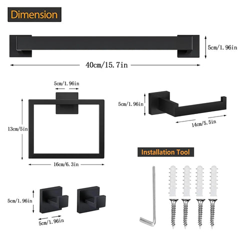 Dimensions of 5 Piece Matte Black Bathroom Hardware Set Featuring 15.7 Inch Towel Bar, Towel Ring, Toilet Paper Holder, 2 Towel Hooks