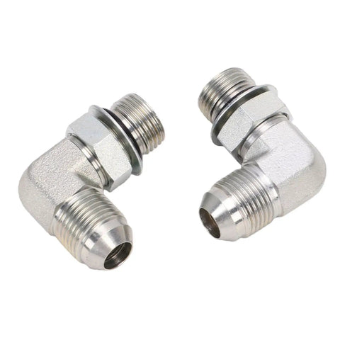 Built Like A Tank Heavy Duty Hydraulic Fitting 90 Degree Elbow Adapter 3/8 Inch 37 Flare Male To Sae Orb Male Connector Steel Build For Tough Jobs On Farm Tractors And Construction Equipment Where You Need A Solid No Leak Connection Every Single Time, shown in two angles