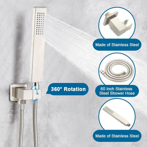 Brushed Nickel Shower System With 8 Inch Rainfall Head, Wall Mounted Faucet Set, Handle, Rough In Valve Body And Trim Kit detail view