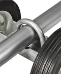 Close-up of Workhorse 2 Pack 6 Inch Sliding Fence Gate Wheels with galvanized steel and rubber components for chain link fences.
