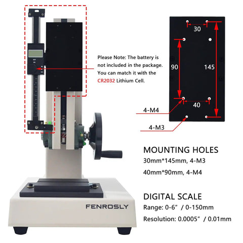 Digital Force Gauge 500N Push Pull Gauge With Test Stand USB Data Output For Accurate Bench Top Testing And Measurements Zero Point Five Percent Accuracy 500N Capacity 180 Millimeter Travel mounted on test stand with mounting holes
