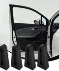 Premium Pack Of Four Durable Rubber Car Door Lock Sound Deadeners For Quiet Slam Free Closing High Grip Auto Noise Absorbing Buffer Pads displayed near an open car door.