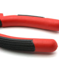 Workhorse Eight Inch MIG Welding Pliers With Insulated Handles detail view of red grip, focus on textured handle for welding and wire cutting.