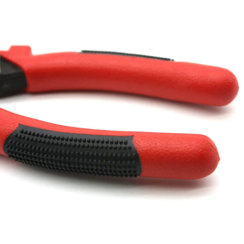 Workhorse Eight Inch MIG Welding Pliers With Insulated Handles detail view of red grip, focus on textured handle for welding and wire cutting.