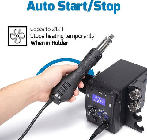 Portable Pro Grade Hot Air Rework Station For Mobile Phone Repair With Digital LED Display held by hand near black unit